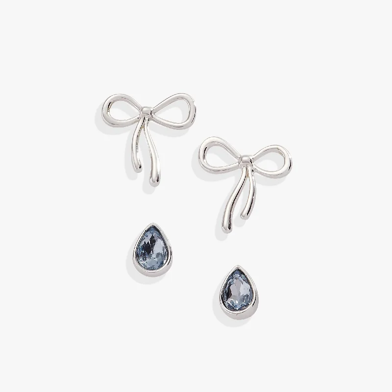 silver earrings for women -Bow & Teardrop Stud Earring Set