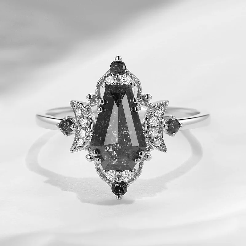 women’s wedding and engagement rings -Crescent Moon | Unique Coffin Salt And Pepper Diamond 'Evermore' Engagement Ring