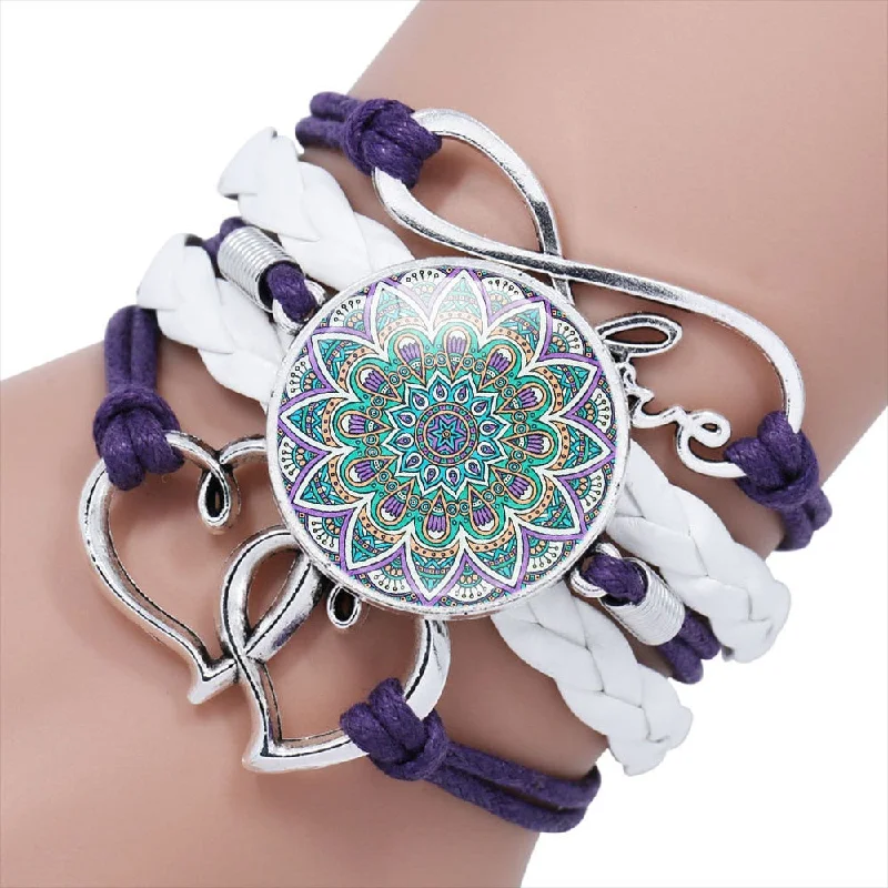 adjustable bangles for women -Mandala Glass Braided Leather Bracelet