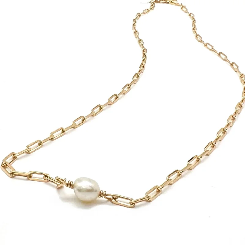 lucky charm necklaces for women -DAINTY PEARL PAPER CLIP NECKLACE