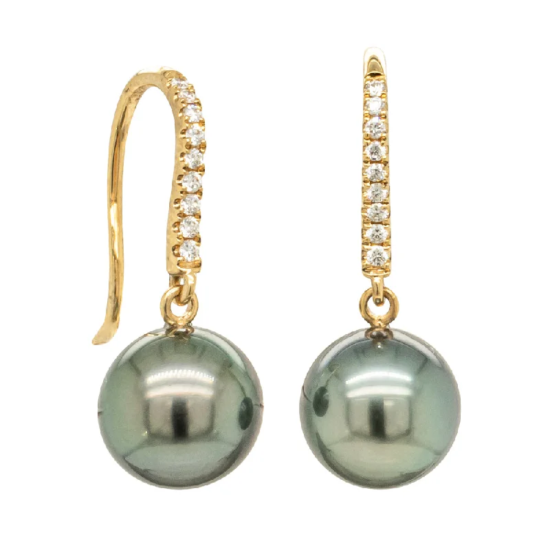 gold-plated earrings for women -18ct Yellow Gold Tahitian Black Pearl & Diamond Drop Earrings