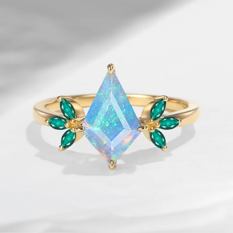 unique engagement rings for women -Unique Kite Shaped Natural Opal & Emerald Butterfly Engagement Ring