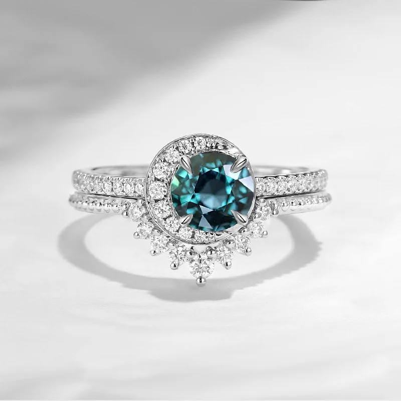 custom-made engagement rings for women -Crescent Moon | Unique Natural Teal Sapphire Engagement Ring Set 2pcs - Full Moon