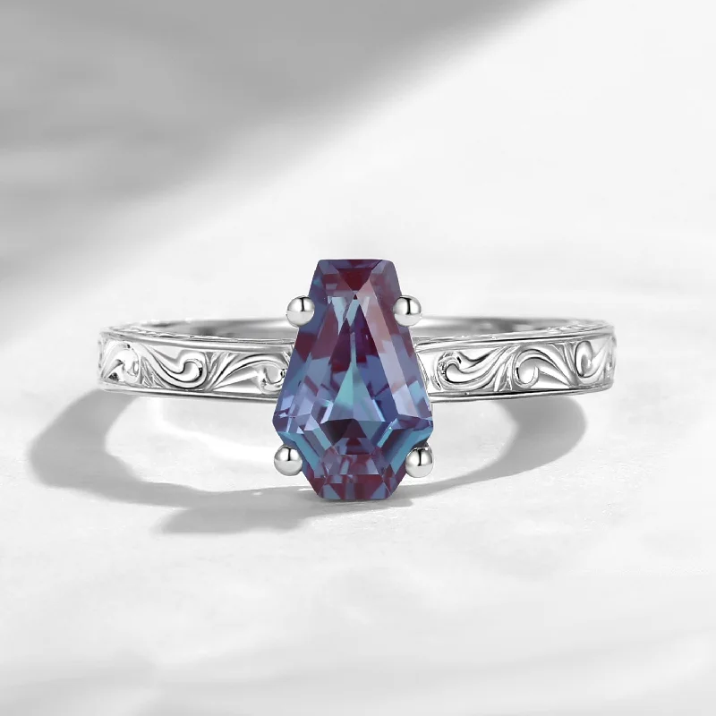 princess cut engagement rings for women -Vintage Filigree Coffin Spider Web Lab Alexandrite Engagement Ring