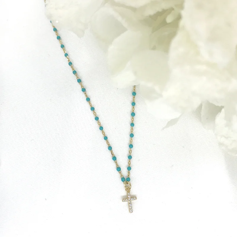 handcrafted necklaces for women -18k/925 Vermeil Turquoise Enamel CZ Cross Necklace