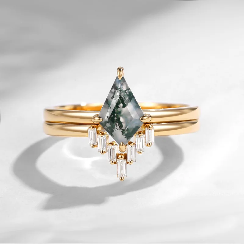 two-tone engagement rings -Classic Kite Cut Moss Agate Engagement Ring 2pcs