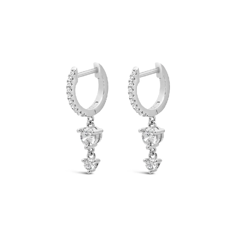 crystal drop earrings for evening -DROPPING DOUBLE STONED HOOP SILVER EARRING