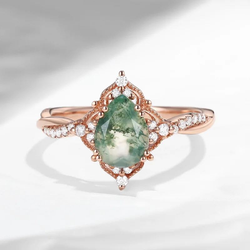 luxury gemstone engagement rings -Vintage Style Pear Cut Moss Agate Infinity Engagement Ring