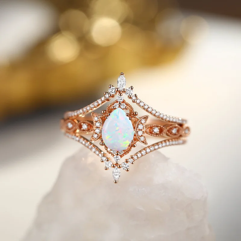 pear cut engagement rings for women -Crescent Moon | Pear Shaped Natural Opal Engagement Ring Sets 3pcs - Olivia