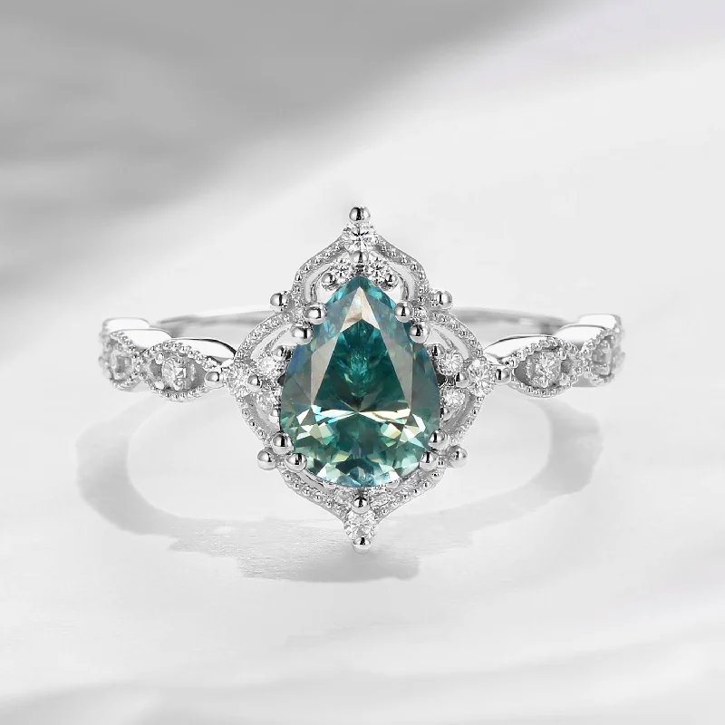 romantic engagement rings for women -Vintage Pear Shaped Green Moissanite Engagement Ring