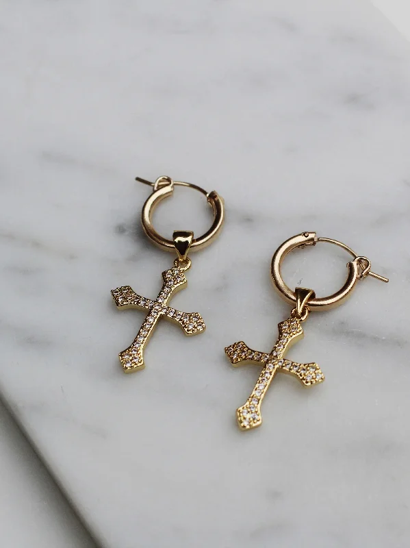 fashion gold earrings -Royalty Cross Hoops