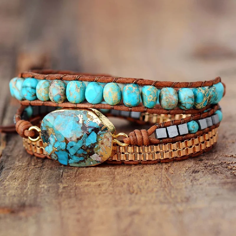 custom-designed bangles for women -Tranquil Turquoise Leather Wrap Bracelet