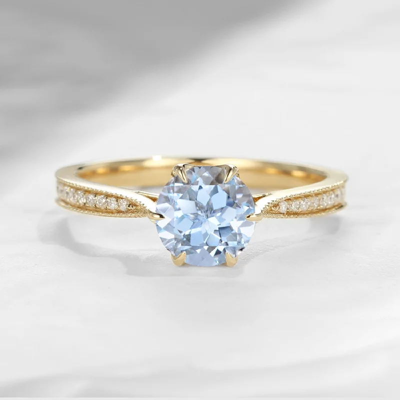 women’s stackable engagement rings -1.2ct Antique Natural Aquamarine Round Cut Engagement Ring