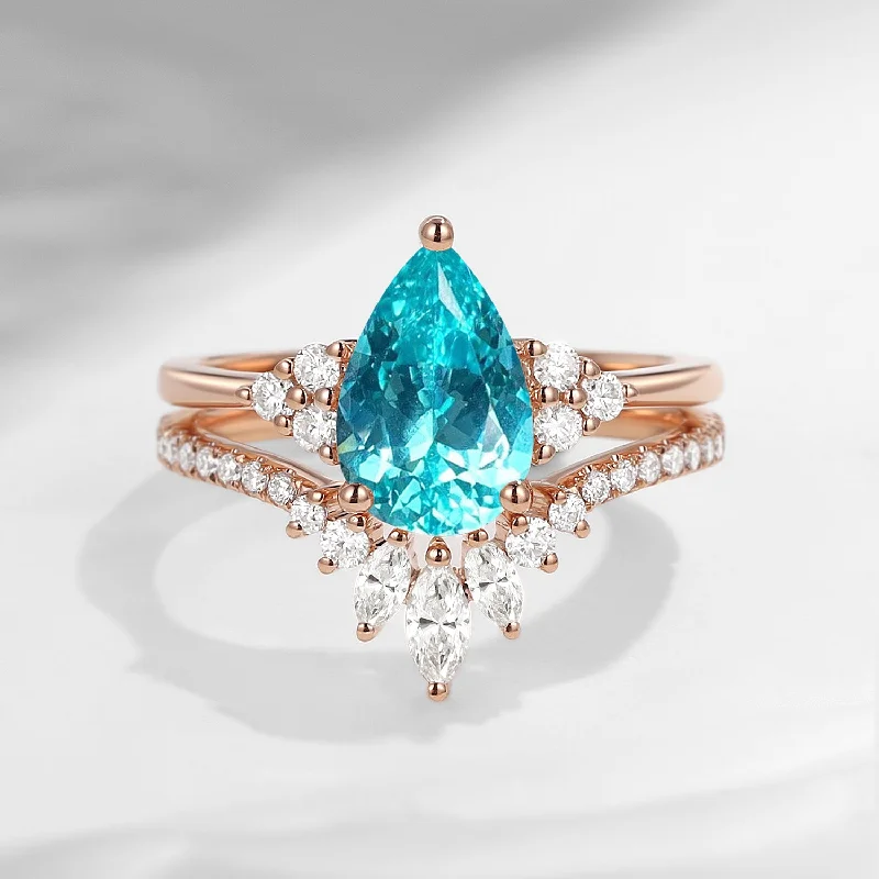 bold engagement rings -Pear Cut Lab Paraiba Cluster Engagement Ring Set 2pcs - Vivian