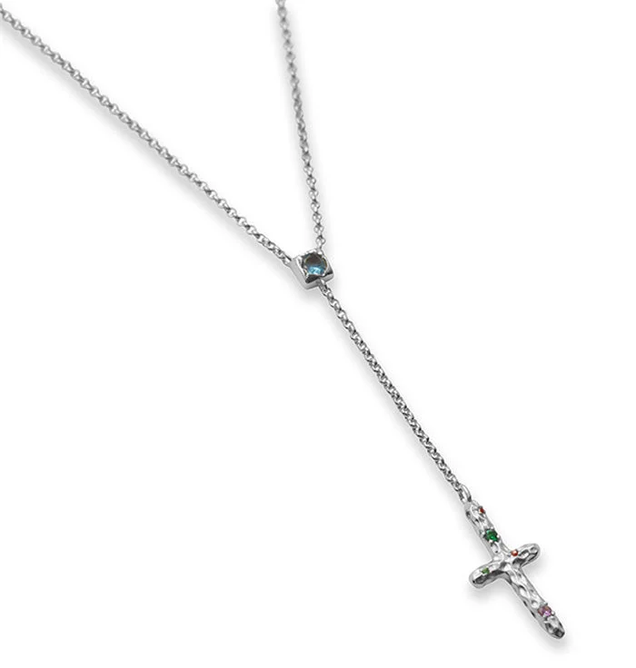 men’s and women’s matching necklaces -THE MULTICOLOR HAMMERED STONE DROP CROSS