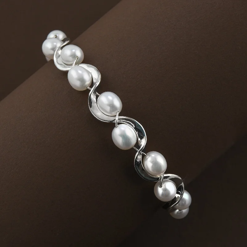 minimalist bangles for women -Pearl Ruffle Bracelet In Silver, Size Small