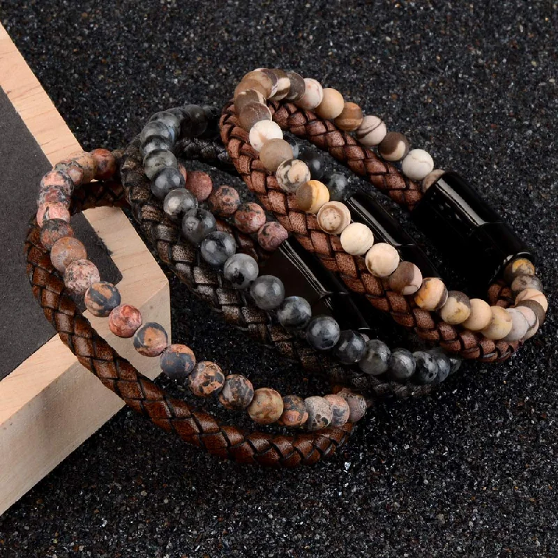 classic bangles for women -Genuine Stone Leather Braided Bracelet