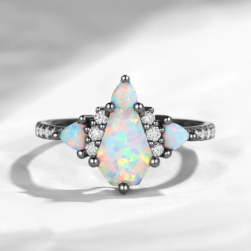 radiant-cut diamond engagement rings -Coffin Shaped Cluster Lab Opal Black Gold Engagement Ring