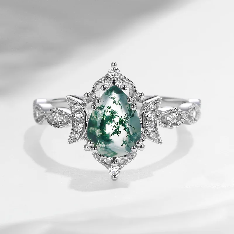 stunning engagement rings for women -Crescent Moon | Unique Pear Shaped Moss Agate Engagement Ring