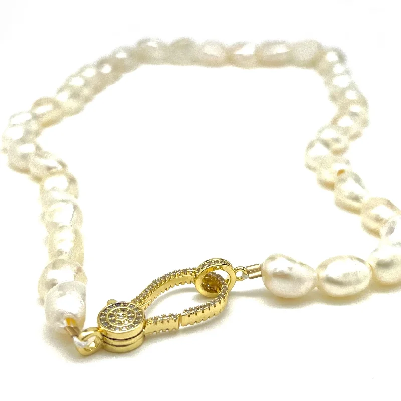 trendy gold necklaces for women -PEARL NECKLACE W/ PAVE CLASP