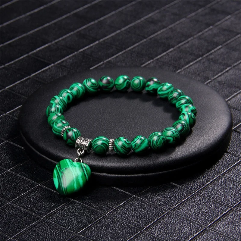 charm bracelets for women -Malachite Love Heart Stone Charm Bracelet