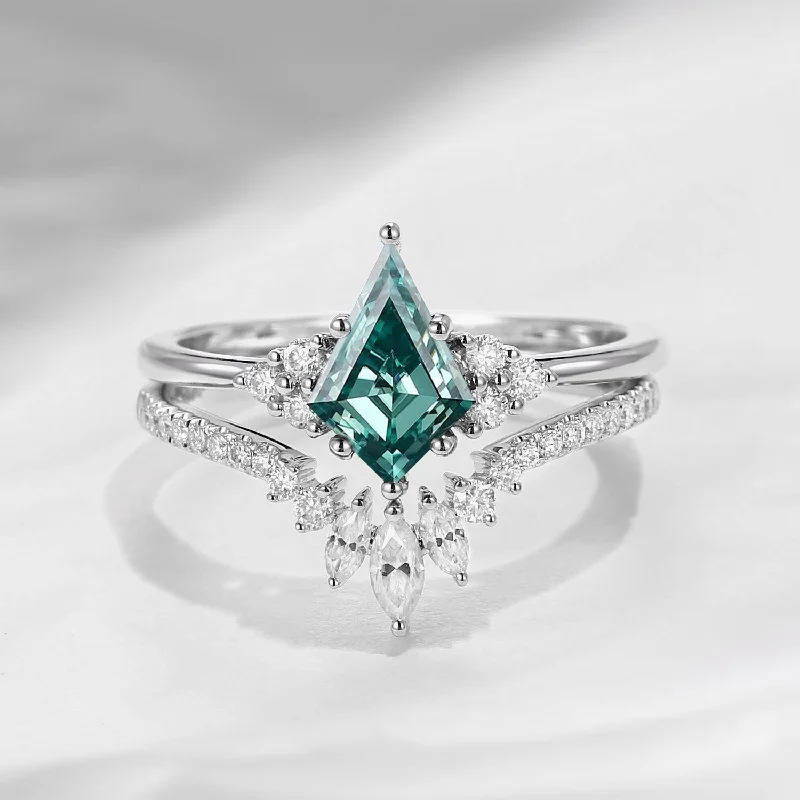 engagement rings with colored diamonds -Kite Cut Teal Moissanite Engagement Ring Set 2pcs - Electra