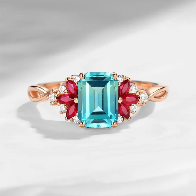 women’s engagement rings -Cluster Emerald Cut Lab Paraiba & Ruby Twist Engagement Ring