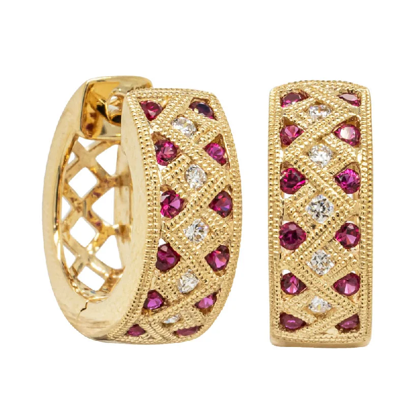 unique earrings for women -18ct Yellow Gold Ruby & Diamond Honour Hoop Earrings