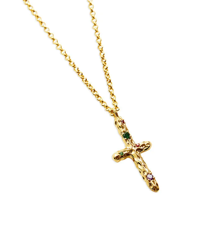 matching necklaces for women -THE MULTICOLOR HAMMERED STONE CROSS