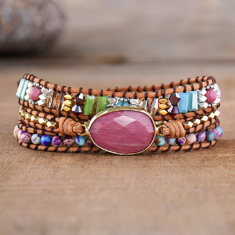 leather bangles for women -Unconditional Love Rhodochrosite Wrap Bracelet