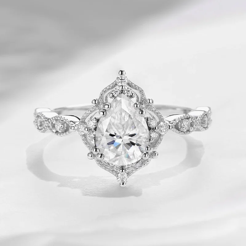 pear cut engagement rings for women -Vintage 1.0-2.0ct Pear Shaped Lab Diamond Engagement Ring