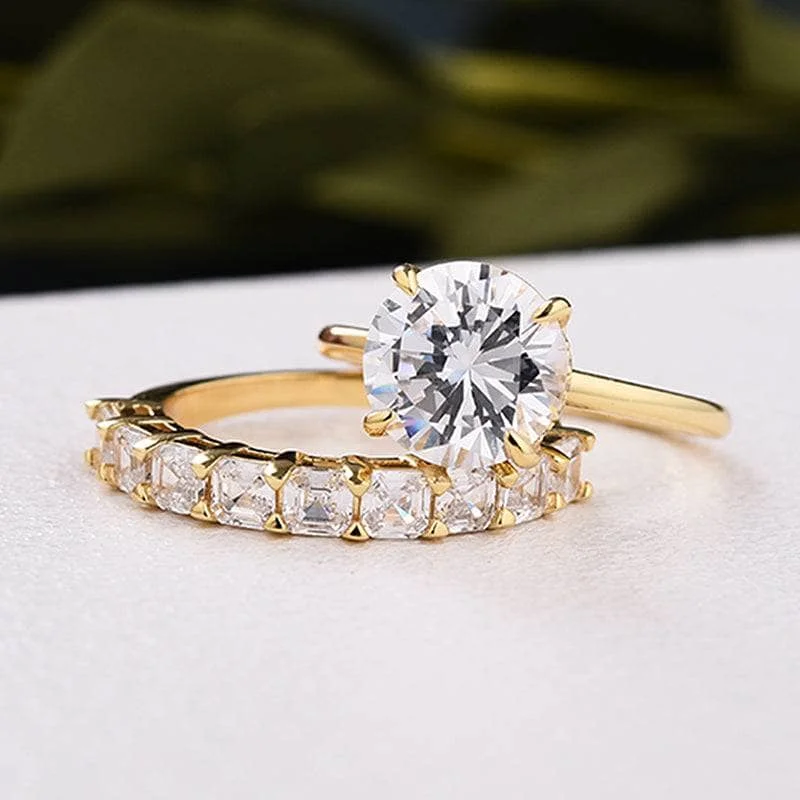 women’s contemporary engagement rings -Round Cut Simulated Diamonds Yellow Gold Engagement Ring Set