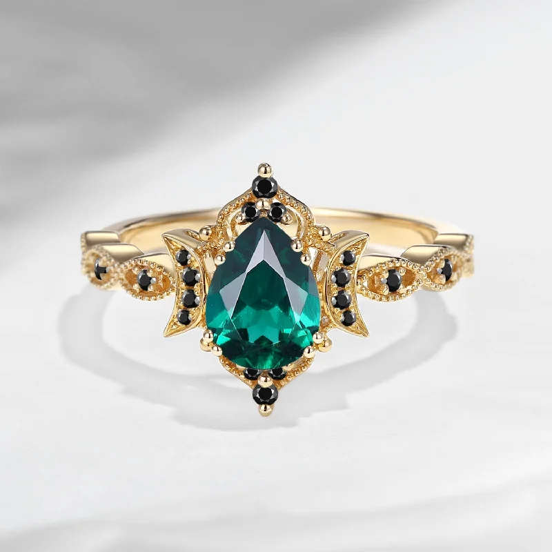 unique sapphire engagement rings -Crescent Moon | Unique Lab Emerald Engagement Ring In Pear Shape - Eclipse