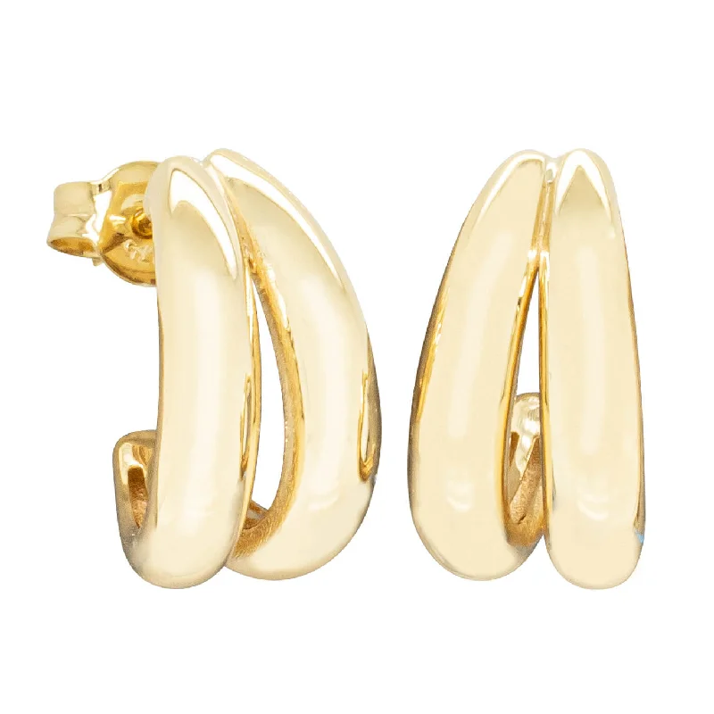 trendy stud earrings for women -9ct Yellow Gold Double Crescent Hoop Stud Earrings