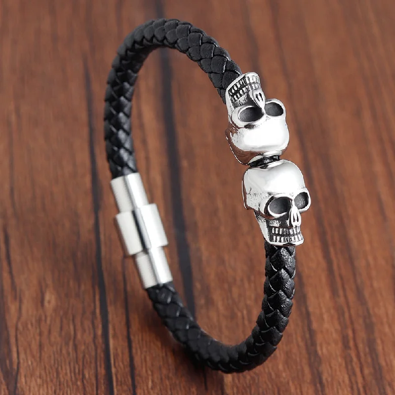 women’s woven bracelets -Protection Skull Stainless Steel Leather Bracelet