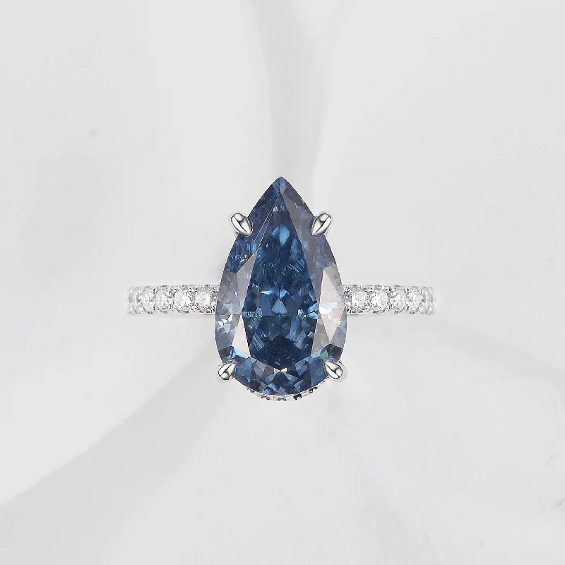 diamond cluster engagement rings -4.5ct Pear Cut Blue Moissanite Solitaire Pavé Engagement Ring