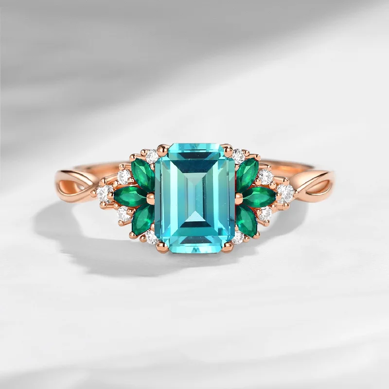 gold engagement rings for women -Cluster Emerald Cut Lab Paraiba & Emerald Twist Engagement Ring