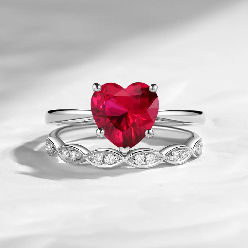 colorful gemstone engagement rings -Unique Heart Shaped Solitare Lab Ruby Engagement Ring 2pcs Set