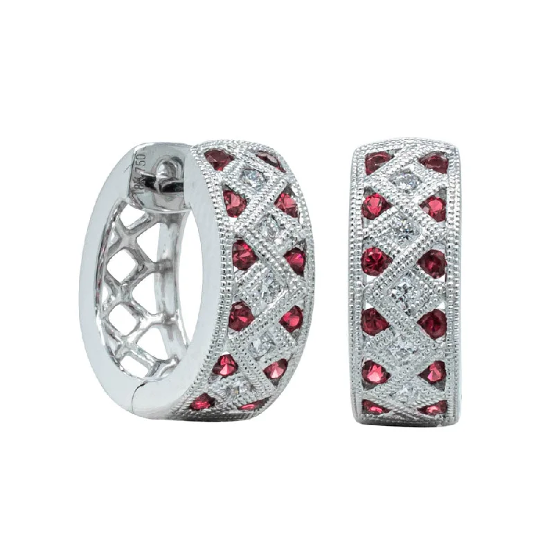 hoop earrings for evening wear -18ct White Gold Ruby & Diamond Honour Hoop Earrings