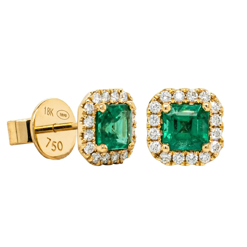 diamond stud earrings for women -18ct Yellow Gold 1.31ct Emerald & Diamond Peony Stud Earrings