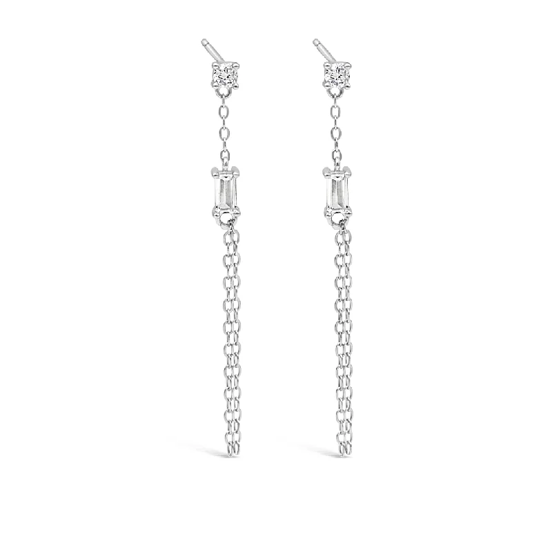 fashion earrings for women -DROPPING CHAINED BAGUETTE STUD SILVER EARRING