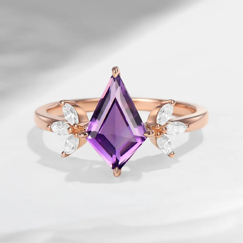 princess cut engagement rings for women -Unique Kite Shaped Natural Amethyst Butterfly Engagement Ring