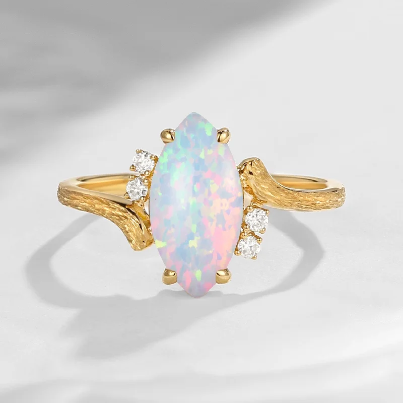 simple engagement rings for women -Marquise Cut Lab Opal Textured Engagement Ring - Woodland Fairy