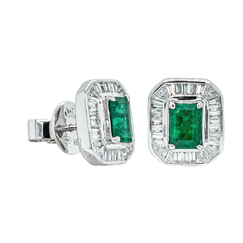 trendy ear climbers for women -Deja Vu 18ct White Gold Emerald & Diamond Earrings