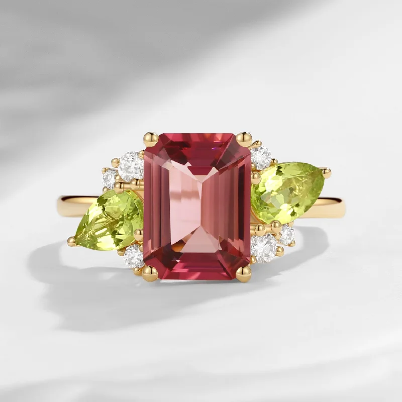 unique sapphire engagement rings -Art Deco Emerald Cut Natural Pink Tourmaline Fairy Engagement Ring