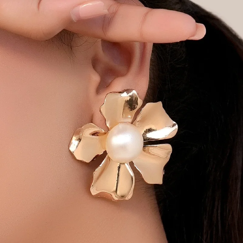 luxury earrings sets -TFC Magna Flora Gold Plated Pearl Stud Earrings