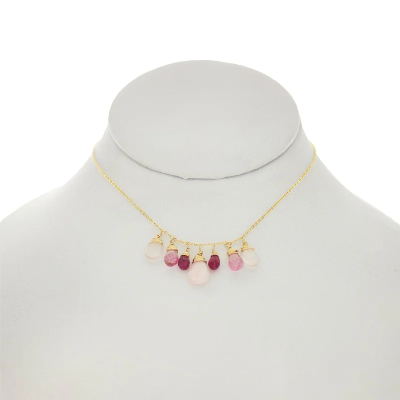 luxury pendant necklaces for women -Rose Pompadour - Rubies, Pink Topaz, Rose Quartz Drops Dangle Necklace