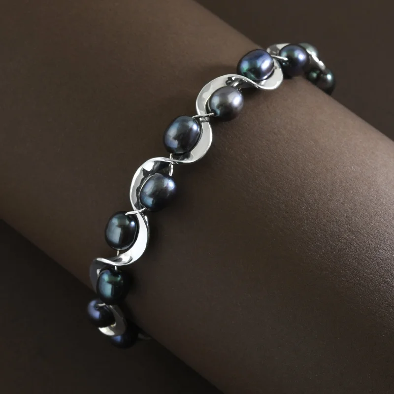 crystal bangles for women -Black Pearl Ruffle Bracelet in Sterling Silver by Tom Kruskal