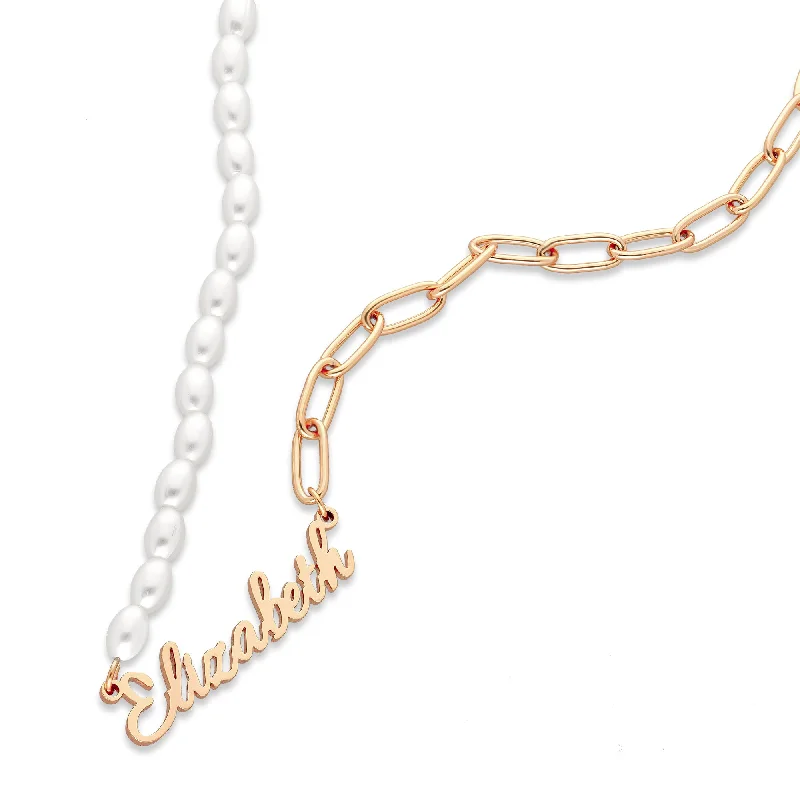 birthday gift necklaces for women -Pearl link name necklace rosé gold