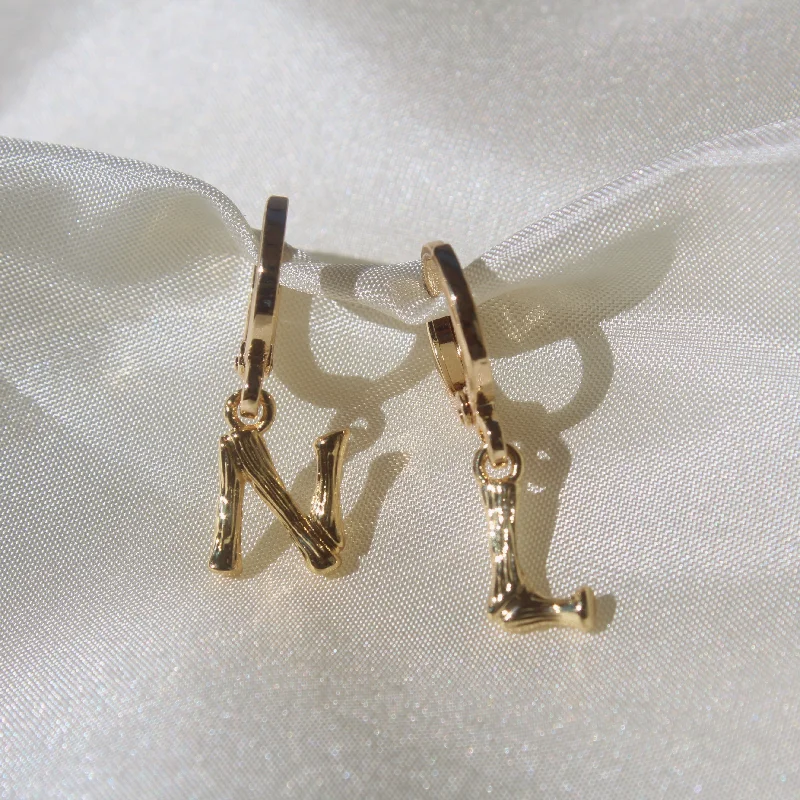 gold drop earrings for women -Mini Bamboo Letter Huggies